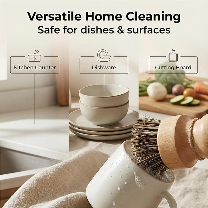 Wooden Dish Scrub Brush - Natural Fiber Kitchen Dish Scrubber Set, for Cleaning Pots, Sink, Tableware and Vegetables - 3 Pack