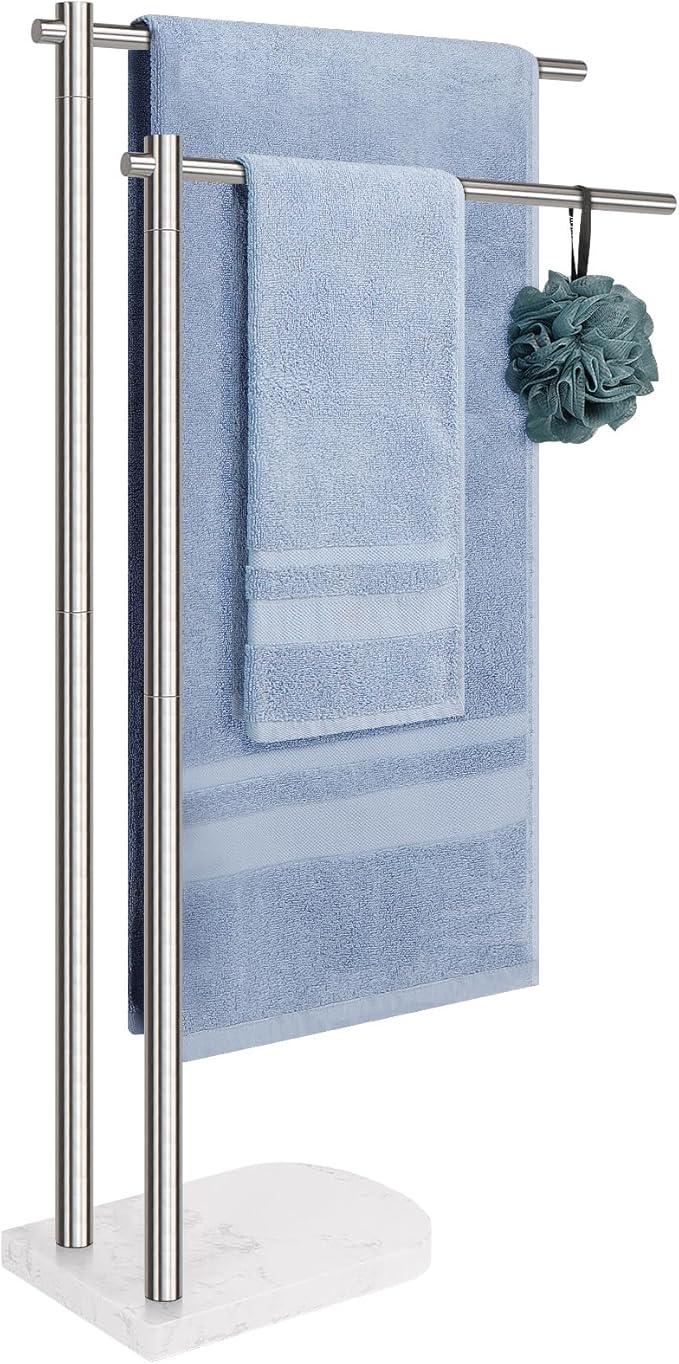 Livabber Standing Towel Rack, 304 Stainless Steel 2-Tier Towel Holder Stand with Marble Base, Modern Stylish Tall Shower Towel Bar for Bathroom Accessories, Pool（Brushed Nickel）