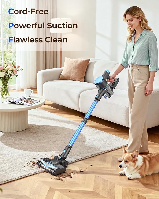 N8 Cordless Vacuum Cleaner,Lightweight Stick Vacuum with Powerful Suction,2200mAh Battery,40 Mins Runtime,Self-Standing,Rechargeable Vacuum Cleaners for Home Hardwood Floor Carpet Pet Hair (Blue)