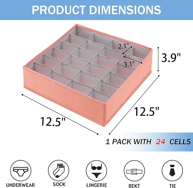 Foldable Storage Cubes Drawer Underwear Organizer Dividers， under Cabinet Organizer 24-Cell Fabric Storage Boxes for Lingerie,Socks,Ties （Orange）