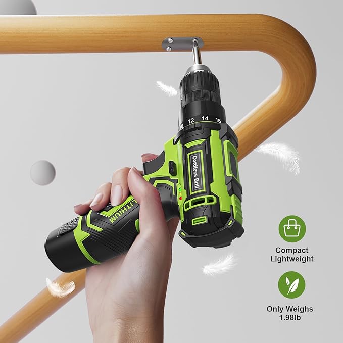 Cordless Drill Set,12V Power Drill Driver 3/8" Keyless Chuck with 92 Acessories, Built-in LED Light, 25+1 Position, Electric Drill for Home DIY Projects (Green)
