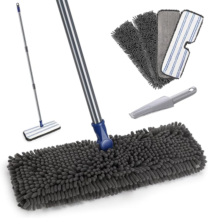 Mops for Floor Cleaning, Masthome Flat Dust Mop with 4 Reusable Pads, 2-Sided Microfiber Dust Mop for Wet & Dry Use, Flat Flip Mops for Hardwood, Laminate, Vinyl,Kitchen, Tile -1 Scraper