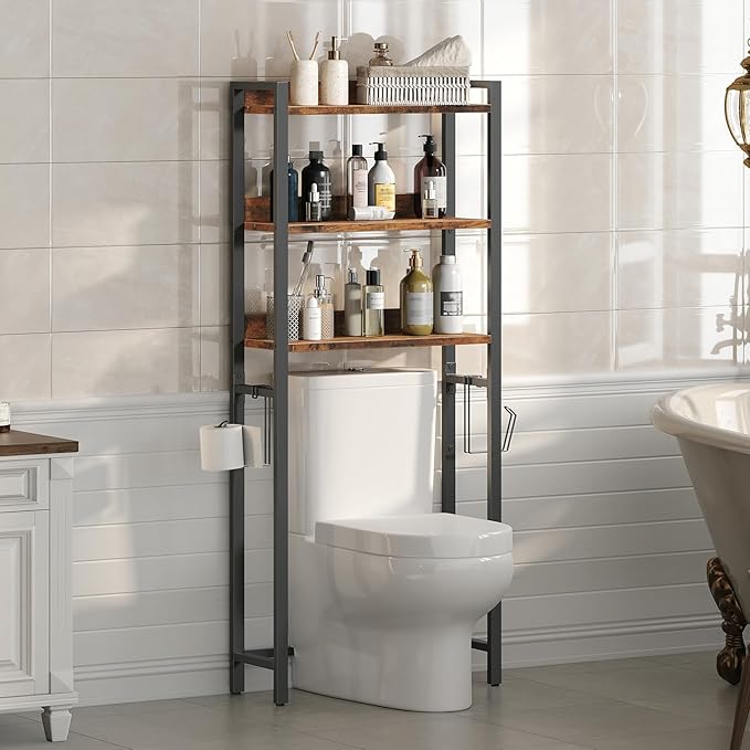 MAHANCRIS Over The Toilet Storage Rack, 3 Tier Bathroom Organizer Over Toilet, Freestanding Space Saver Toilet Stand with 2 Hooks, Bathroom Storage Shelf, Easy to Assemble, Rustic Brown TSHR6001