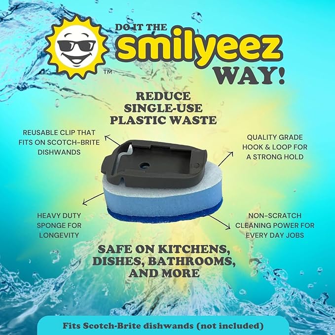 Smilyeez No-Plastic Blue Non-Scratch Sponge Refill with Reusable Clip (10 Pack) for Scotch-Brite's Advanced Soap Control Dishwand - Refill with Adapter, Easy to Install