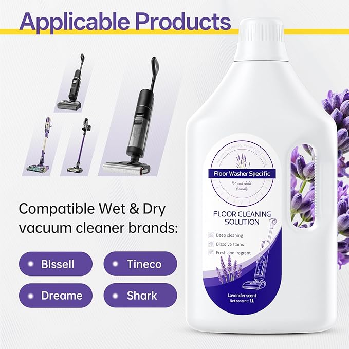 1L Lavender Floor Cleaning Solution Compatible With Tineco/Bissell/Dreame And Shark, Fragrance Deodorization, Deep Cleans for Multiple Hard Floors, Suitable With Cordless Wet/Dry Vacuum