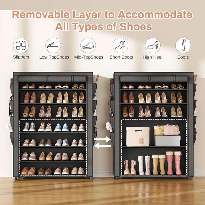 VTRIN Shoe Rack with Cover, 7 Tier Shoe Organizer Storage for 35-40 Pairs Shoes and Boots Large Capacity Tall Shoe Shelf with 8 Pockets Free Standing Shoe Rack for Closet, Entryway, Garage