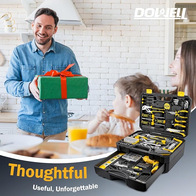 DOWELL 219-Piece Home Tool Set with 3.6V Electric Screwdriver, General Household Tool Kit in Drawer Toolbox for DIY, Furniture Assembly & Repair (Screwdriver, Hex Keys, Wrench, Hammer Included)