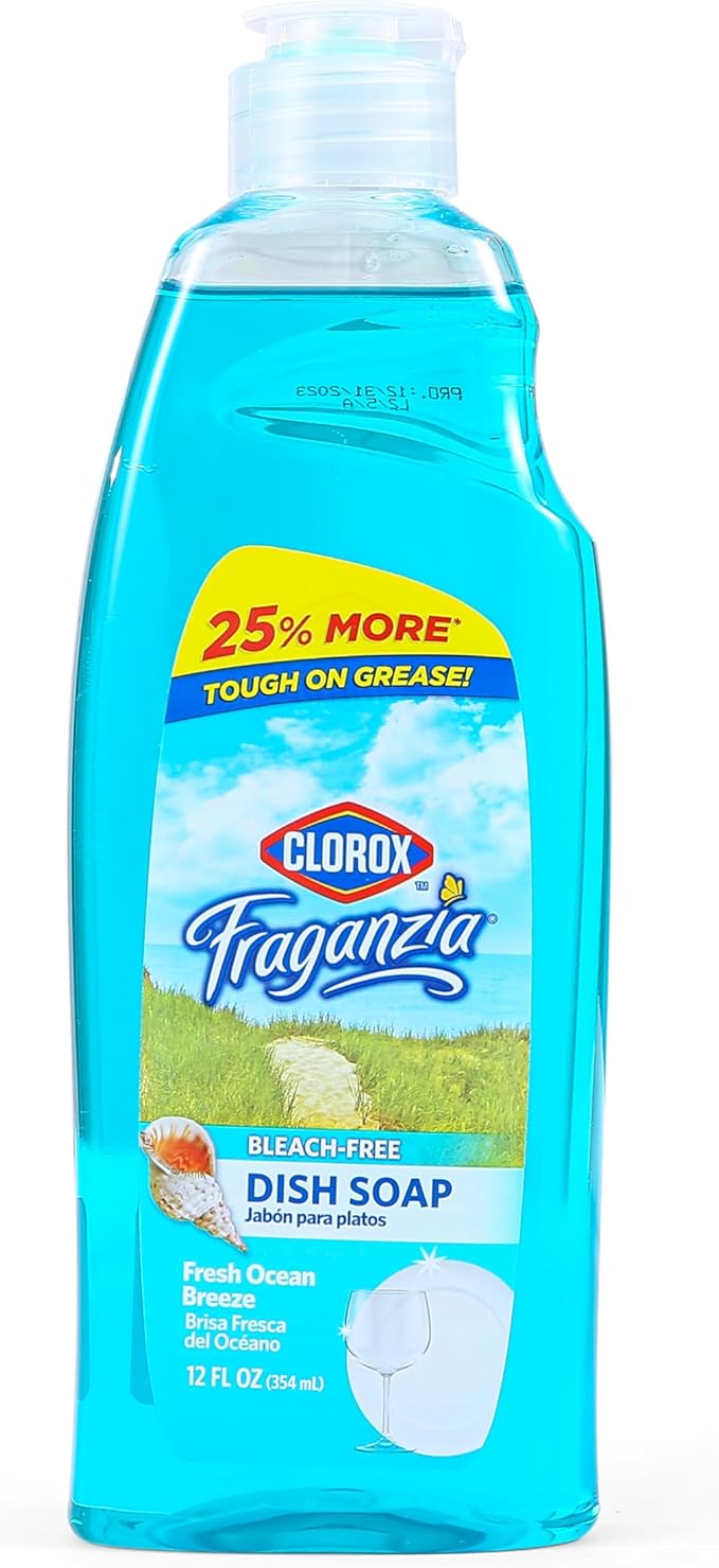 CLOROX Fraganzia Liquid Dish Soap | Smells Great and Cuts Through Tough Grease Fast | Quick Rinsing formula Washes Away Dirt | A Powerful Clean You Can Trust, Fresh Ocean Breeze Scent, 12 Ounces