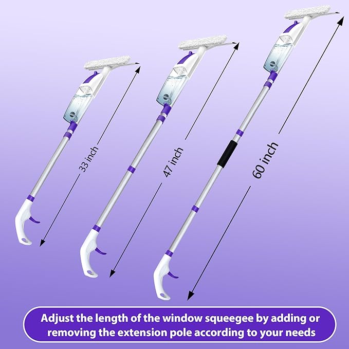Spray Window Squeegee with 60" Extension Pole, Window Cleaning Squeegee Kit- 2-In-1 Squeegee Scrubber, 3 Microfiber Cleaning Pad&400ML Refill Bottle, Multi-Use Squeegee for Home Shower Car Windshield.