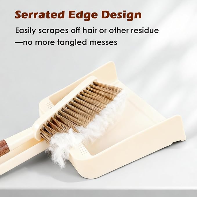 Hand Broom and Dustpan Set,Portable Small Dustpan and Brush Set with Sapele Wood Handle,Teeth Design,Compact Hangable Broom with Dustpan for Cleaning Desktops Kitchen Sofa Pet Hair,Beige