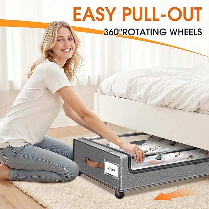 SpaceHacks Under Bed Storage with Wheels 1Pack Underbed Storage with Clear Window&Label Under Bed Drawers Large Capacity Rolling Under Bed Storage for Clothes,Shoes, Blankets (Light Grey)