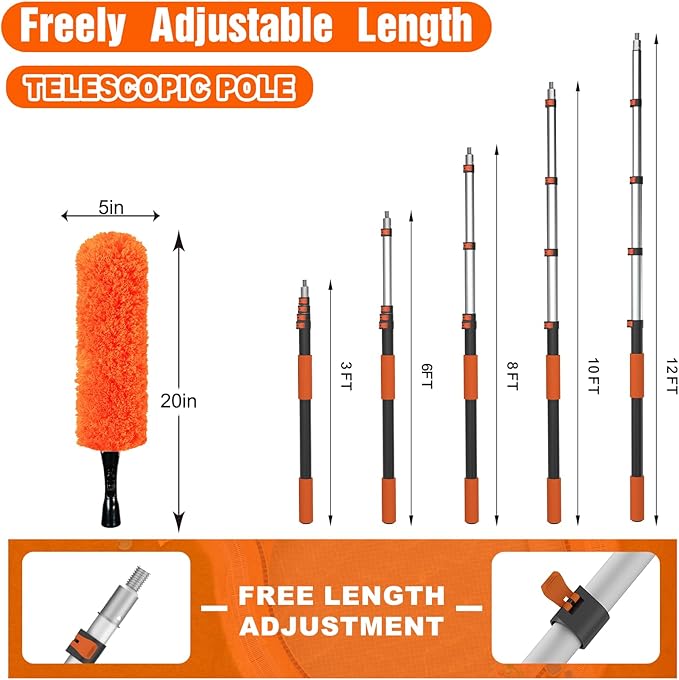 20FT Reach High Ceiling Duster Kit, Window Cleaning kit with 3-12FT Extension Pole, Fan Duster for Ceiling Fan Blades, Microfiber Feather Duster, Rotatable Window Squeegee and Cobweb Duster