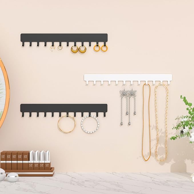 Necklace Holder - Hanging Jewelry Organizer, Self-Adhesive, Wall Mount, 2 PCS, Black