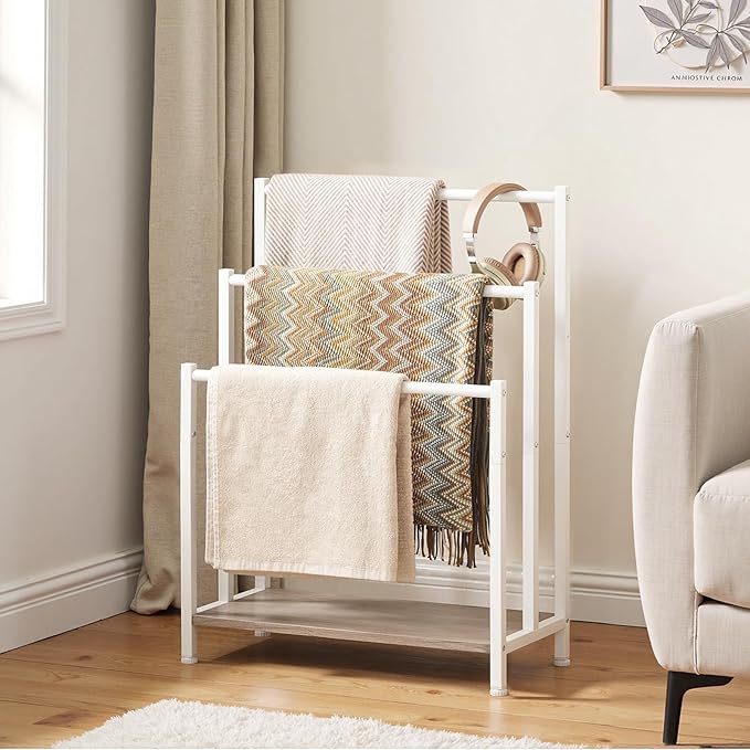 HOOBRO Free Standing Towel Rack, 3 Tier Blanket Rack, Blanket Holder for Bathroom, 23.6" L x 11" W x 31.9" H, Industrial Metal Drying and Display Rack with Shelf, White and Grey WG06LB01