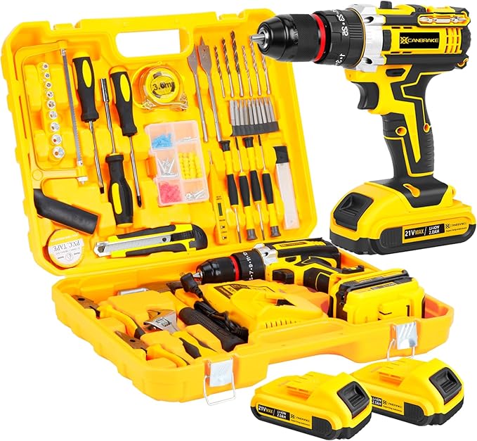 21V Tool Kit with Drill, 120PCS 21V Cordless Drill Set with 3/8" Keyless Chuck of Metal & 25+3 Clutch with Impact, 2 x 2.0Ah Battery & Fast Charger, Max Torque 45Nm, 2-Variable Speed