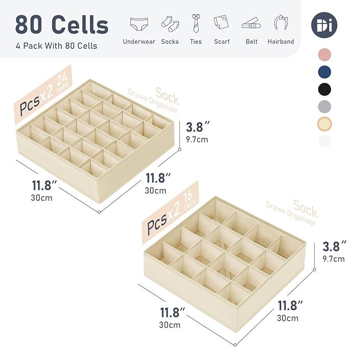 Joyoldelf Sock Drawer Organizer Divider 4 Packs Underwear Organizer, 2 x 24 Cell + 2 x 16 Cell Closet Organizers and Storage Sock Holders for Storing Socks, Handkerchiefs, Ties, Belts (Beige)