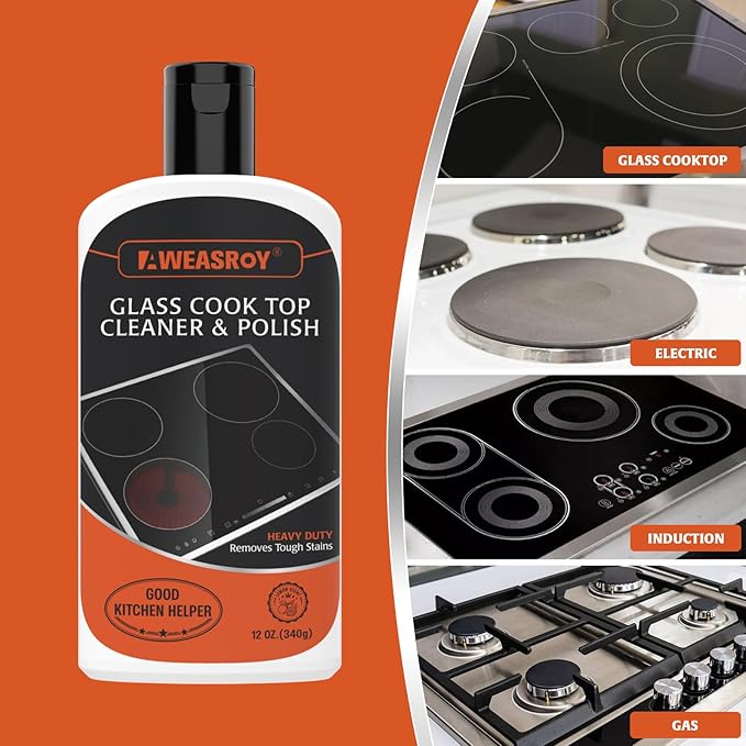 20pcs Glass Stove Top Cleaner Kit - 12 oz Cooktop Cleaner Polish, Non-Abrasive No Scratch, Removes Tough Stains, Includes Scrubbing Pad, Scraper & Microfiber Cloth for Smooth Glass Surfaces