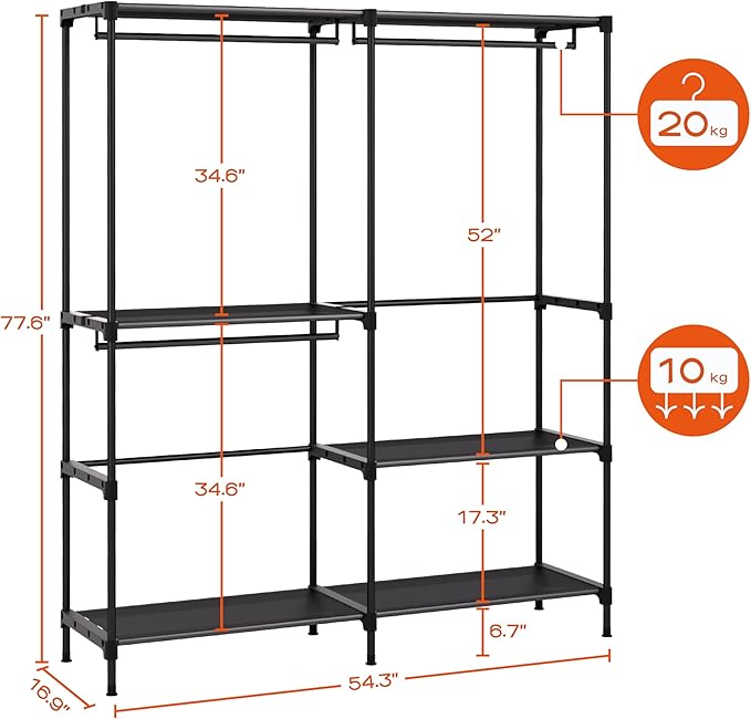 CASAMAYA Clothes Rack, Portable Closet, 54.3 Inch Large Capacity Wardrobe Closet, Clothes Storage Organizer with Shelves and 3 Hanging Rods, Easy to Assembly, Black PCT022B01