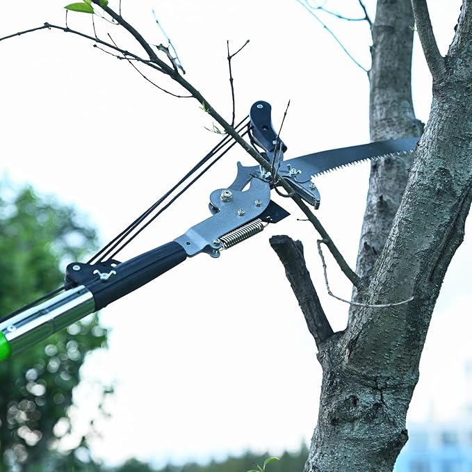 Manual Pole Saw for Tree Trimming, 27 FT Manual tree purner with 8 Fiberglass Handles, Sharp steel Blade and Heavy-Duty Giant Scissors, Extendable Design for Tree Maintenance, Green