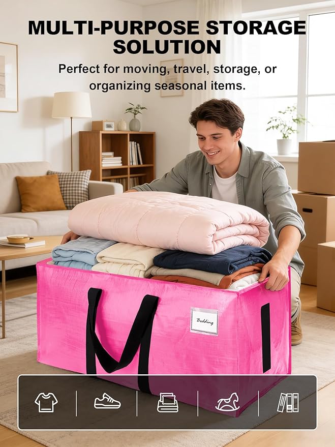 8 Pack Large Strong Moving Bags with Zippers & Carrying Handles - Water-Resistant - Heavy Duty Storage Tote for Space Saving, Fold Flat, Alternative to Moving Box (Pink)