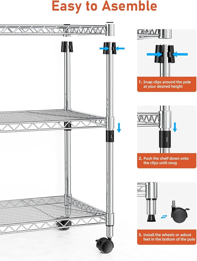 HealSmart 3-Tier Heavy Duty Storage Shelves 750Lb Capacity, 24.02" D x 13.78" W x 29.92" H Adjustable Shelving Unit with Wheels, Chrome