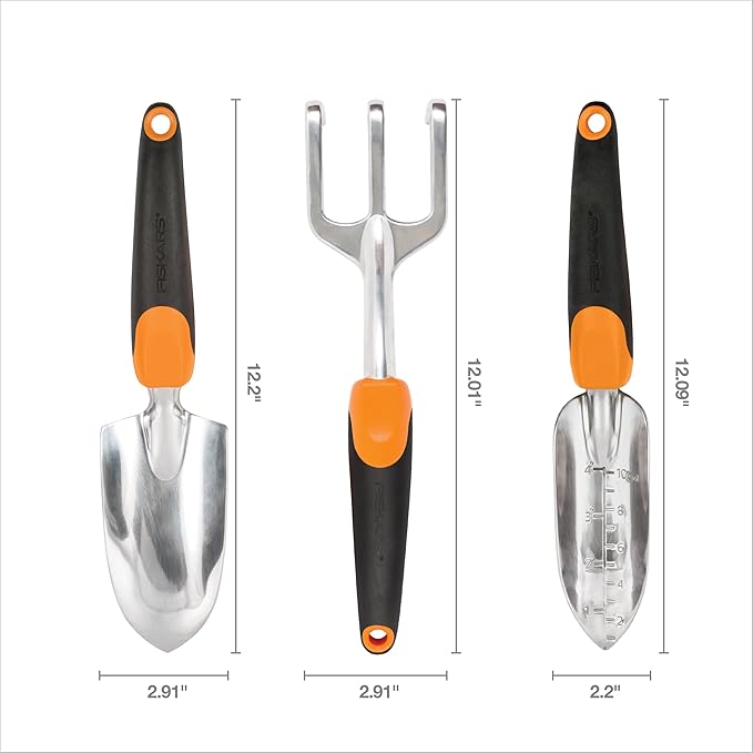 Fiskars 3-in-1 Garden Tool Set, Polished Cast-Aluminum Heads for Rust Resistance, Heavy-Duty Trowel, Transplanter & Cultivator for Digging and Planting, Non-Slip SoftGrip Handles Reduce Fatigue