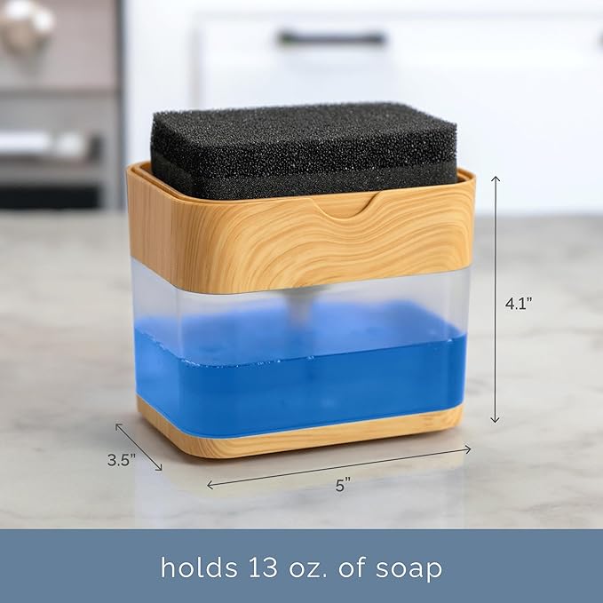 S&T INC. Dish Soap Dispenser and Sponge Holder for Kitchen Sink, Waterproof Labels and Sponge Included, 13 Ounces, Plastic, Bamboo