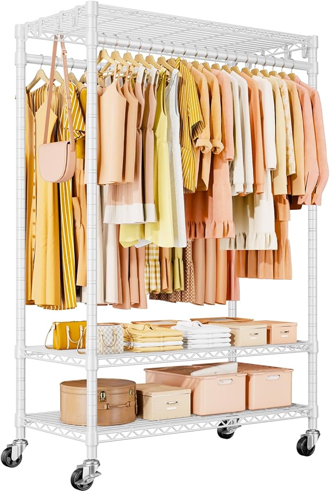 ULIFHOME P7 Rolling Clothes Rack, Clothing Racks for Hanging Clothes, Heavy Duty Garment Rack with Wheels, 3 Tiers Freestanding Portable Closet Rack 45''W × 20.5''D × 80.5''H, Max Load 480 lbs, White
