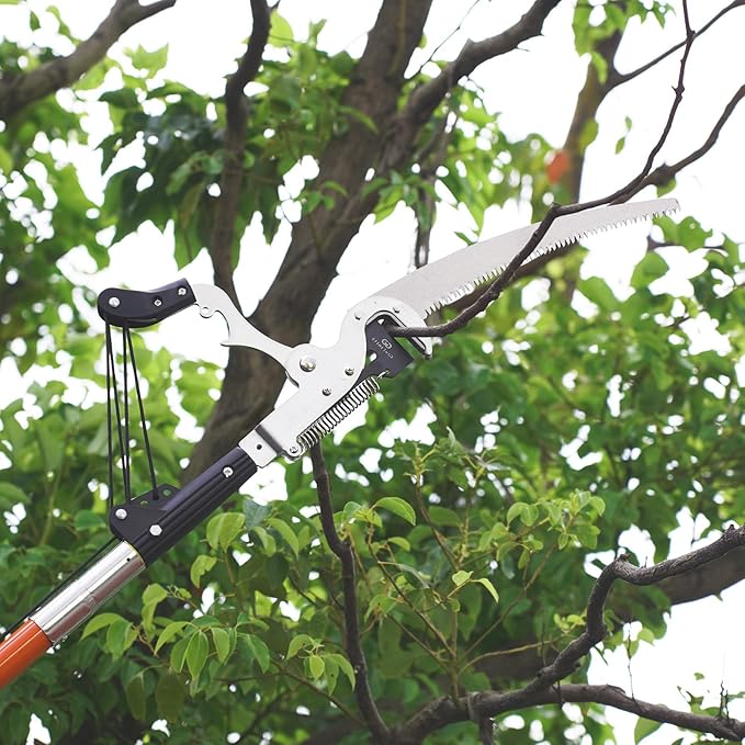 Manual Pole Saw for Tree Trimming, 27 FT Manual tree purner with 8 Fiberglass Handles, Sharp steel Blade and Heavy-Duty Giant Scissors, Extendable Design for Tree Maintenance, Orange