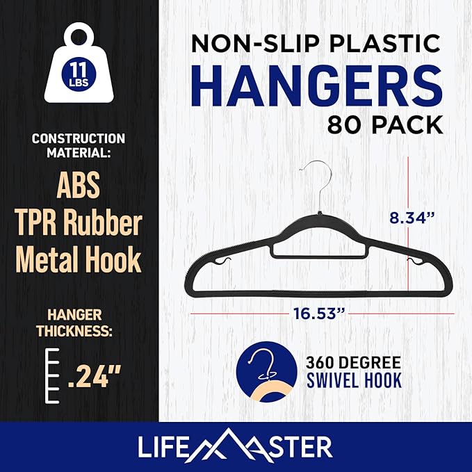 Lifemaster Versatile Clothes Hanger Set - 80 Pieces Space-Saving Dry and Wet Clothes Hanger Set with 360° Swivel Hook and Non-Slip Rubber Design - Black