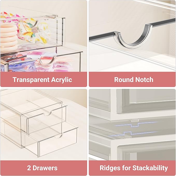 Hair Accessories Organizer for Girls, 2 Tier Acrylic Stackable Storage Drawers, Clear Vanity Hair Tie Bow Claw Clip Scrunchie Holder Organizer for Girls Stuff, Cute Desk Organizers and Accessories