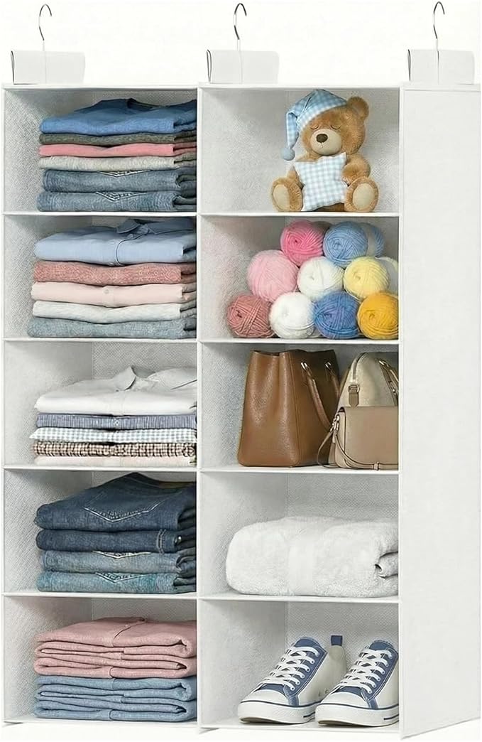 ALLTIDYUP White 5-Tier Hanging Closet Storage Organizer - Space-Saving Dual-Row Foldable Shelves with 3 Hooks, Wardrobe Organizer for Dorm, Bedroom, Clothes and Accessories