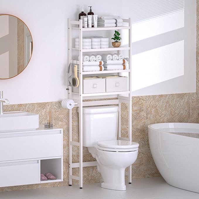 Cozivolife Over The Toilet Storage with 2 Baskets, 4-Tier Bamboo Organizer Rack with Paper Holder & 4 Hooks & Waterproof Feet Pad,Freestanding Shelf for Bathroom(White)