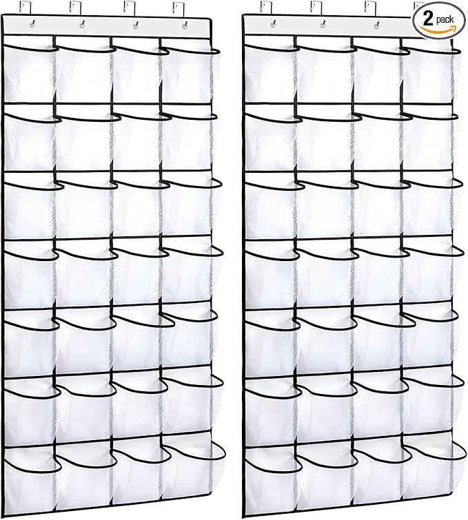 REGELETO 2 Pack 28 Pocket Over the Door Shoe Organizer, Hanging Shoe Rack for Door Large Capacity Shoe Organizer Holder with 4 Metal Hooks (White-2Pack)