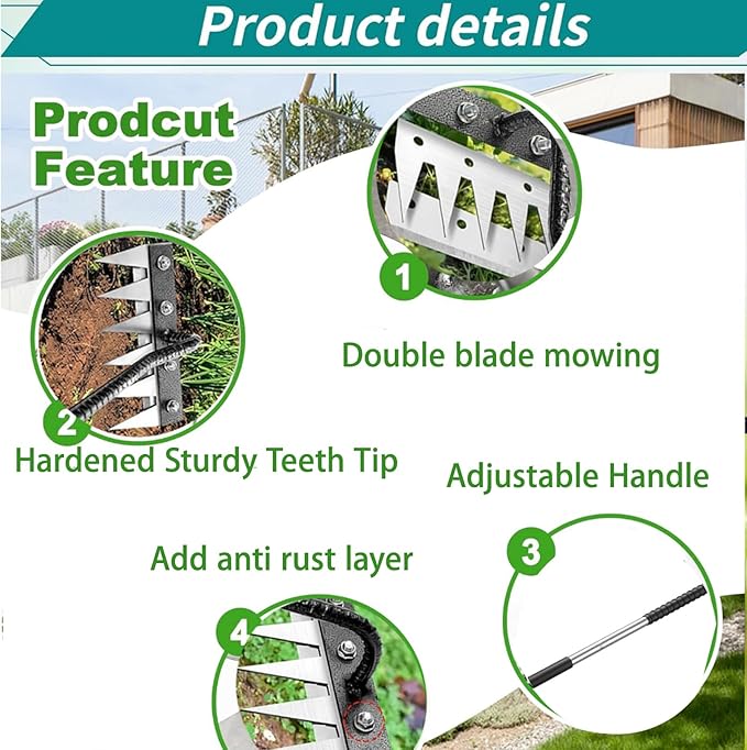 Upgraded Iron Weeding Tool with Adjustable Length Long Handle (31"-63") 3.0,Garden Weed Puller Tool ,8 Tines Manual Weeder Rake,Heavy Duty Weed Puller for Removing Weeds,Lawn, Flower Beds and Aeration