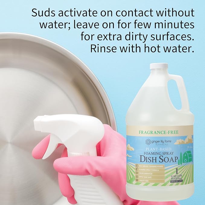 Ginger Lily Farms Botanicals Plant-Based Foaming Spray Dish Soap, Concentrated Formula with Max Grease Cleaning Power, Cruelty-Free, Fragrance-Free, 1 Gallon (Pack of 4)