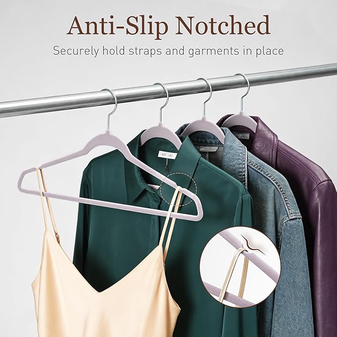 Velvet Hangers 100 Pack, Slim Non-Slip Clothes Hangers Space-Saving for Closet, Heavy Duty for Pants, Coats, Skirts, Jeans, Sweaters and More, Nylon-Flocked, Light Purple