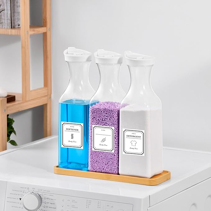 Laundry Detergent Dispenser,54OZ Laundry Soap Dispenser,Liquid Laundry Detergent Container,Fabric Softener Dispenser with Bamboo Wood Tray,Laundry Room Organizer with 4 Labels