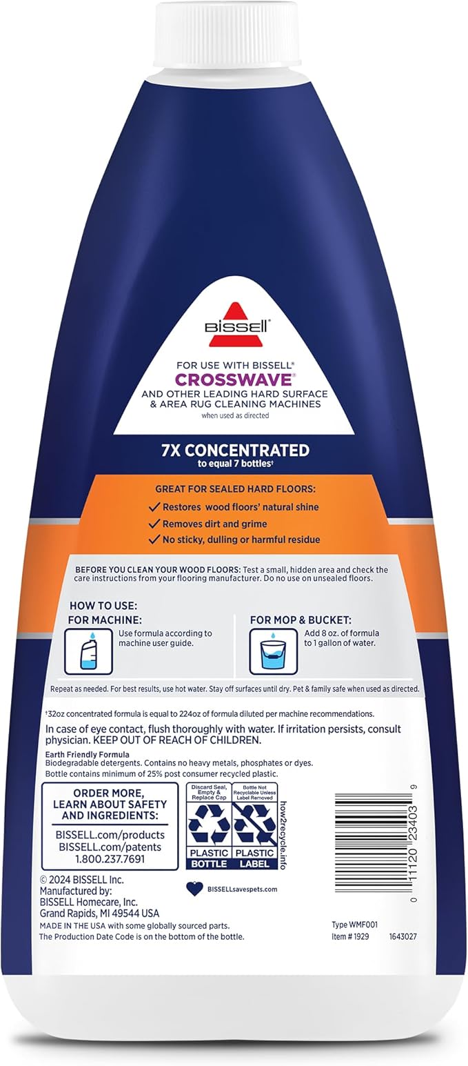 Bissell CrossWave & SpinWave Wood Floor Cleaning Formula, 32 oz, Dissolves Dirt, Grime, and Sticky Messes, Safe on Sealed Floors, Pair with CrossWave, SpinWave, & Other Hard Surface Cleaners, Lemon