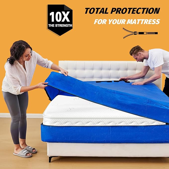 Mattress Bags for Moving, BETU Mattress Protector Waterproof Mattress Cover Queen Size Storage Bags with 8 Heavy-Duty Handles and Zipper for Bed Extra Thick Large Reusable (82"x62"x15" Blue)