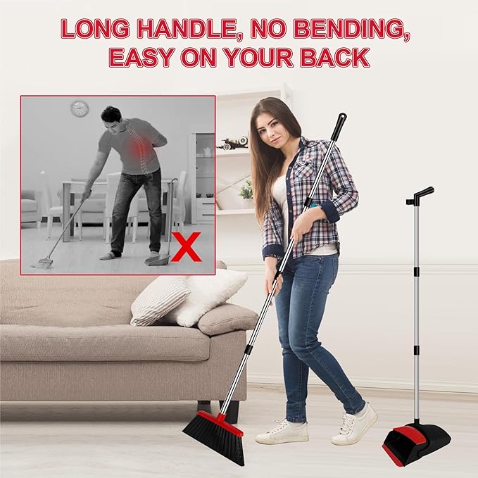 Broom with Dustpan Combo Set and Silicone Air Broom Kit, 51" Long Handle Floor Squeegee, Red Household Kit for Glass Window Rugs Pet Hair Home