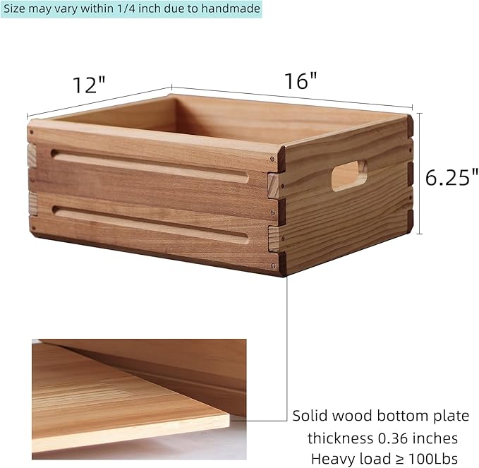 2 Pack Wooden Storage Bins of 16"x12"x6.25".Durable Open Solid Wood Box w/ Handles.Farmhouse Container Shelf Baskets. Multipurpose Home Décor Organizer Crates for Display,Pantry,Book,CD