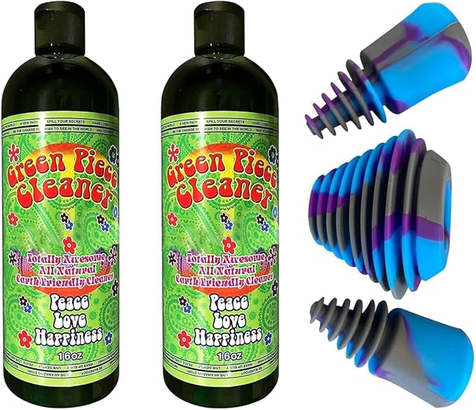 Green Piece® Glass Cleaner 2 Bottles (Made in USA)-16 oz with 1Purple Psychedelic Plug Set - Excellent for Cleaning and Smell Proofing