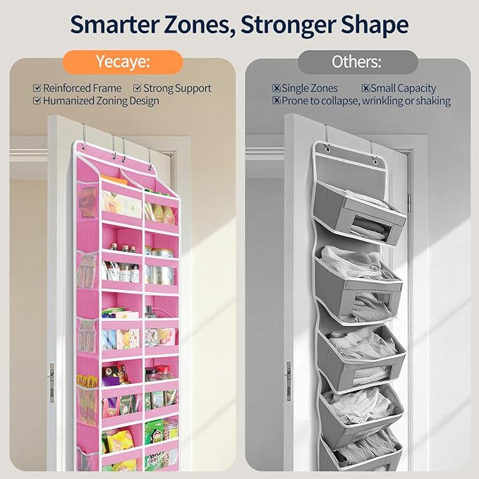 Yecaye 5-Tier Over The Door Organizer Dual-Column, 80lbs Load Stuffed Animal Storage of 10 Compartments, Heavy Duty Door Organizer Hanging for Bedroom Dorm Bathroom Pantry, Macaron Pink, 1 Pack