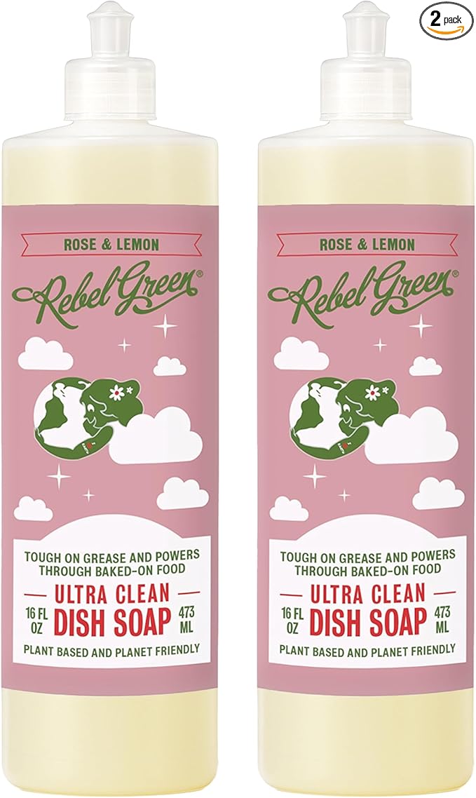 Rebel Green Super Deluxe Dish Soap - Natural Dishwashing Soap - Liquid Dish Detergent - Sustainable Dish Liquid Scented with Rose & Lemon - (16 oz Bottles, 2 Pack)