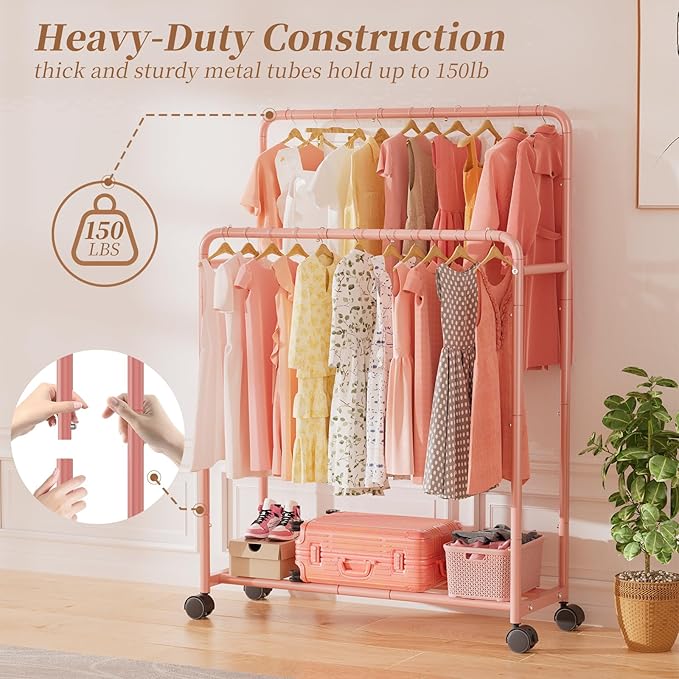 Simple Trending Clothing Clothes Rack Double Rods with Wheels, Rolling Metal Garment Rack for Hanging, Pink