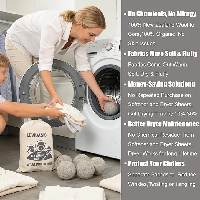 Wool Dryer Balls 6 Pack XL, Genuine New Zealand Wool to Core, 100% Organic Fabric Softener Alternative, Baby Safe & Chemical Free, Reduce Wrinkles & Shorten Drying Time (Grey-6pcs)