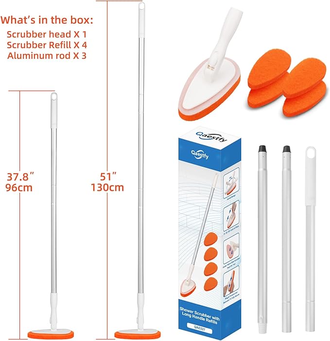 Qaestfy Bathtub Scrubber, Adjustable Long Handled Scrub Brush with 51 Inch Handle, 5 Non-Scratch Scouring Pads for Cleaning Tile Shower Bathroom Vessel Sinks Toilet Wall Floor
