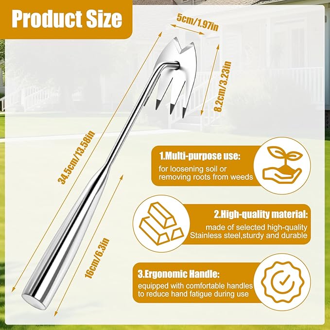 3 Pack Heavy Duty Stainless Steel Weed Puller Tools 4 Tooth V Head Manual Hand Weeder for Dandelions, Thistles Deep Roots, Manual Garden Weed Removal Tools for Lawn, Yard and Flower Beds