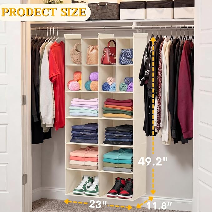 Ofiray-home 6 Tier Hanging Closet Organizer, 16 Compartments Sweater Organizer for Closet with 3 Sturdy Hooks, Closet Organizers and Storage, Wardrobe, Rv, Garment Rack, Beige